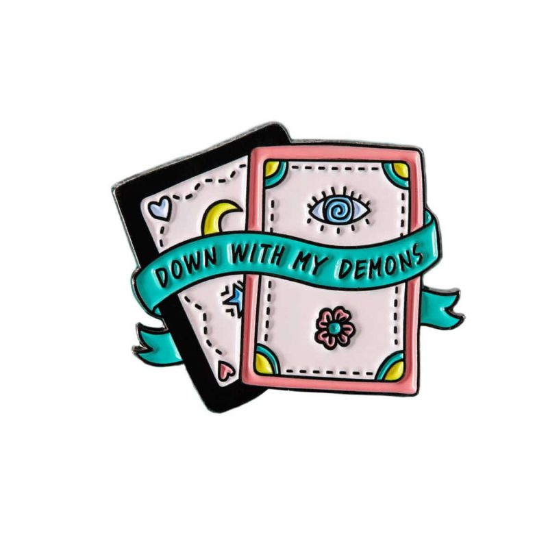 Down with my demons card shaped pastell coloured enamel pin by punky pins.